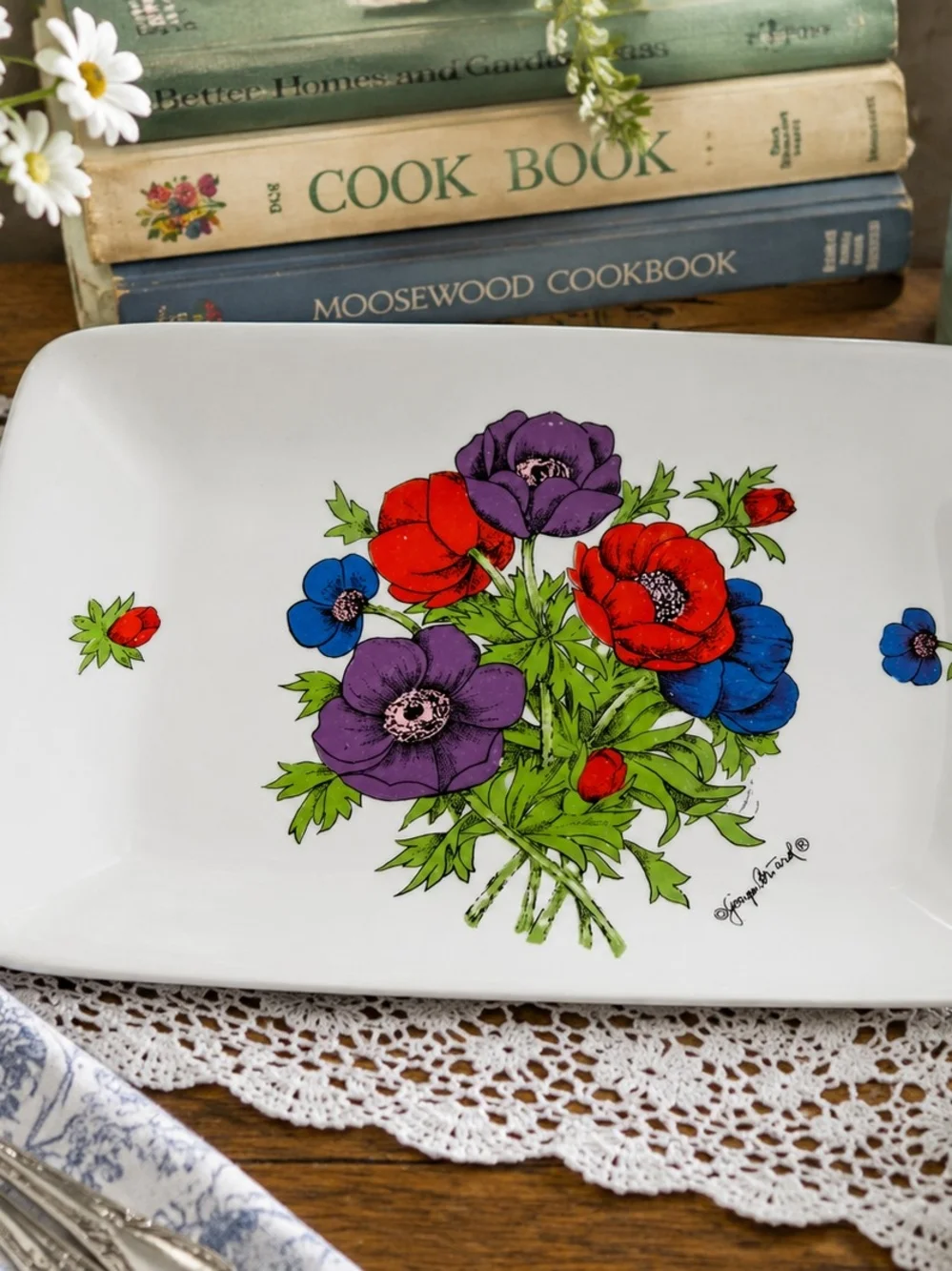 Floral Serving Platter with Red, Purple, Blue Flowers